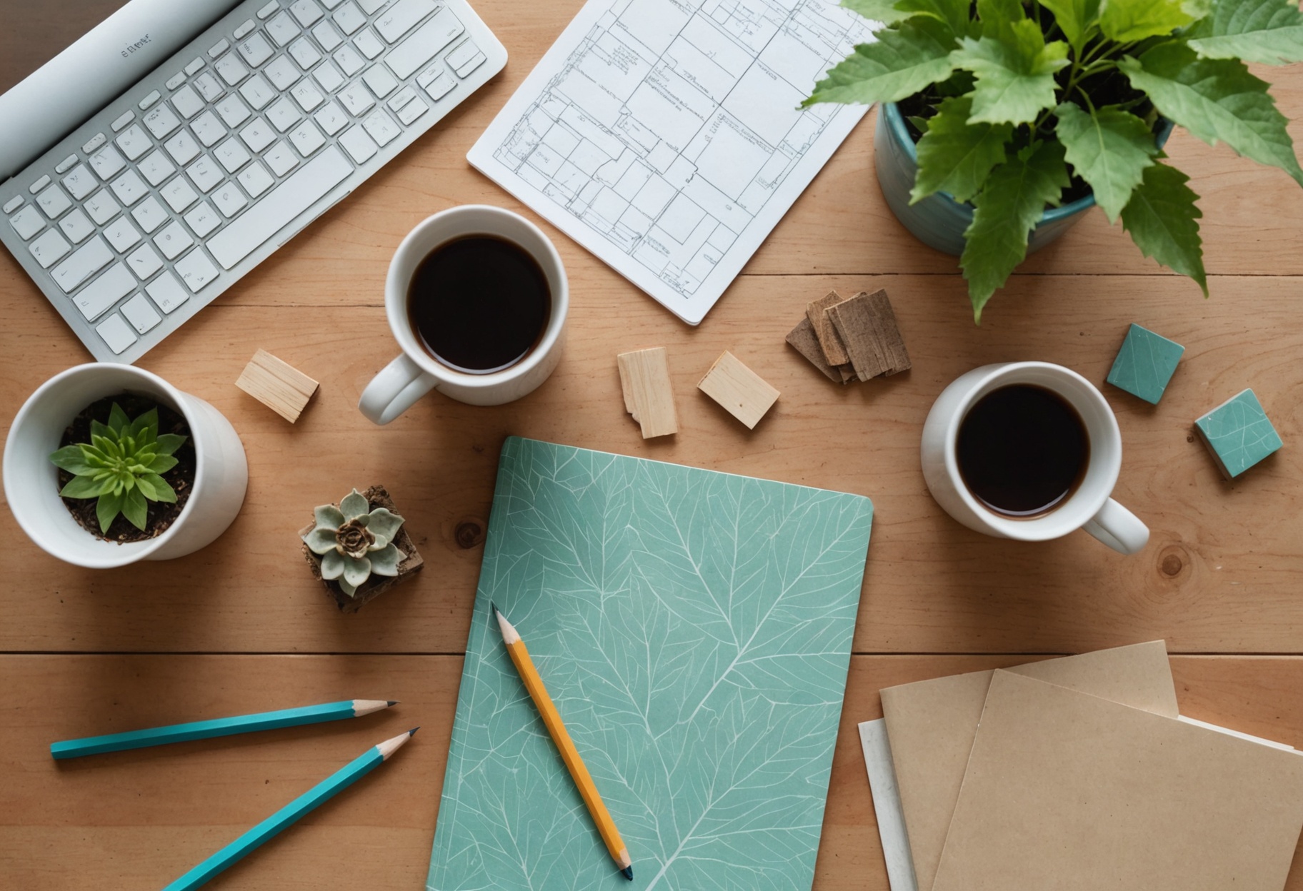 Overhead view of a wooden desk with a printed backyard site plan, material swatches and a pencil