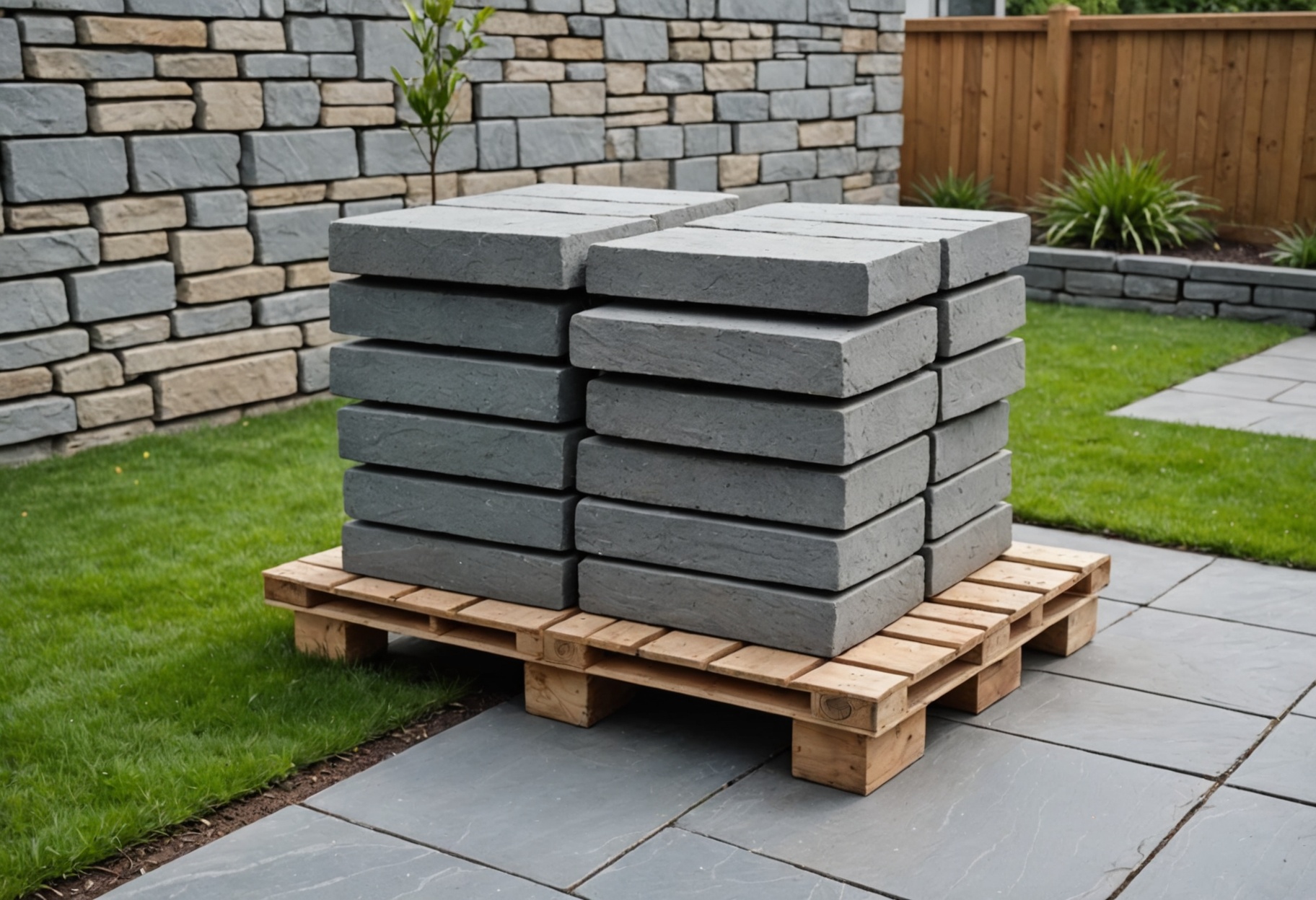Stacked cut grey stone pavers on a wooden pallet in a residential yard