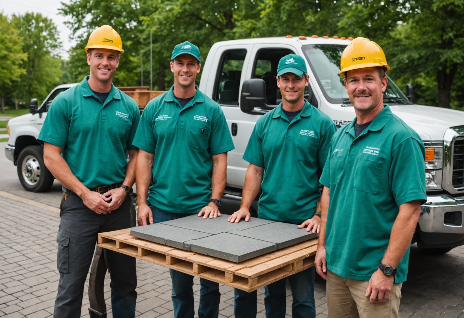 Three crew members in green shirts beside a truck stacked with bluestone pavers