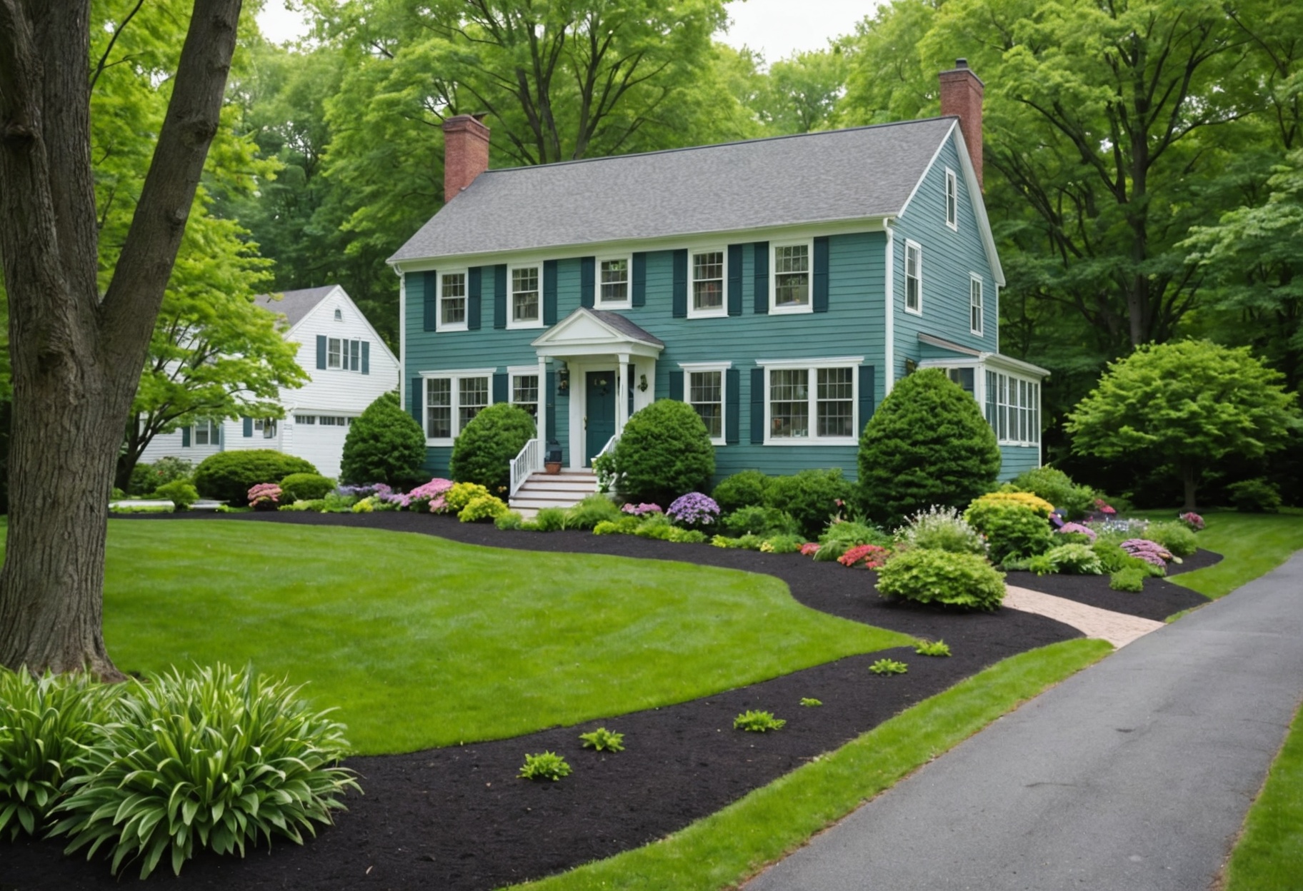A freshly mowed front lawn with garden beds and a New England colonial house behind