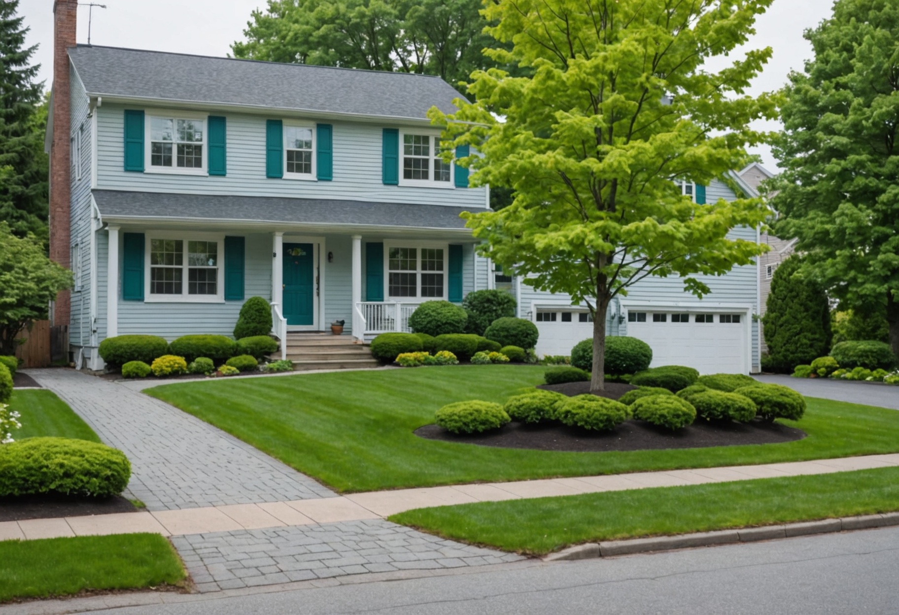 A tidy suburban front yard in spring with a bluestone walkway, clipped shrubs and a maple in leaf