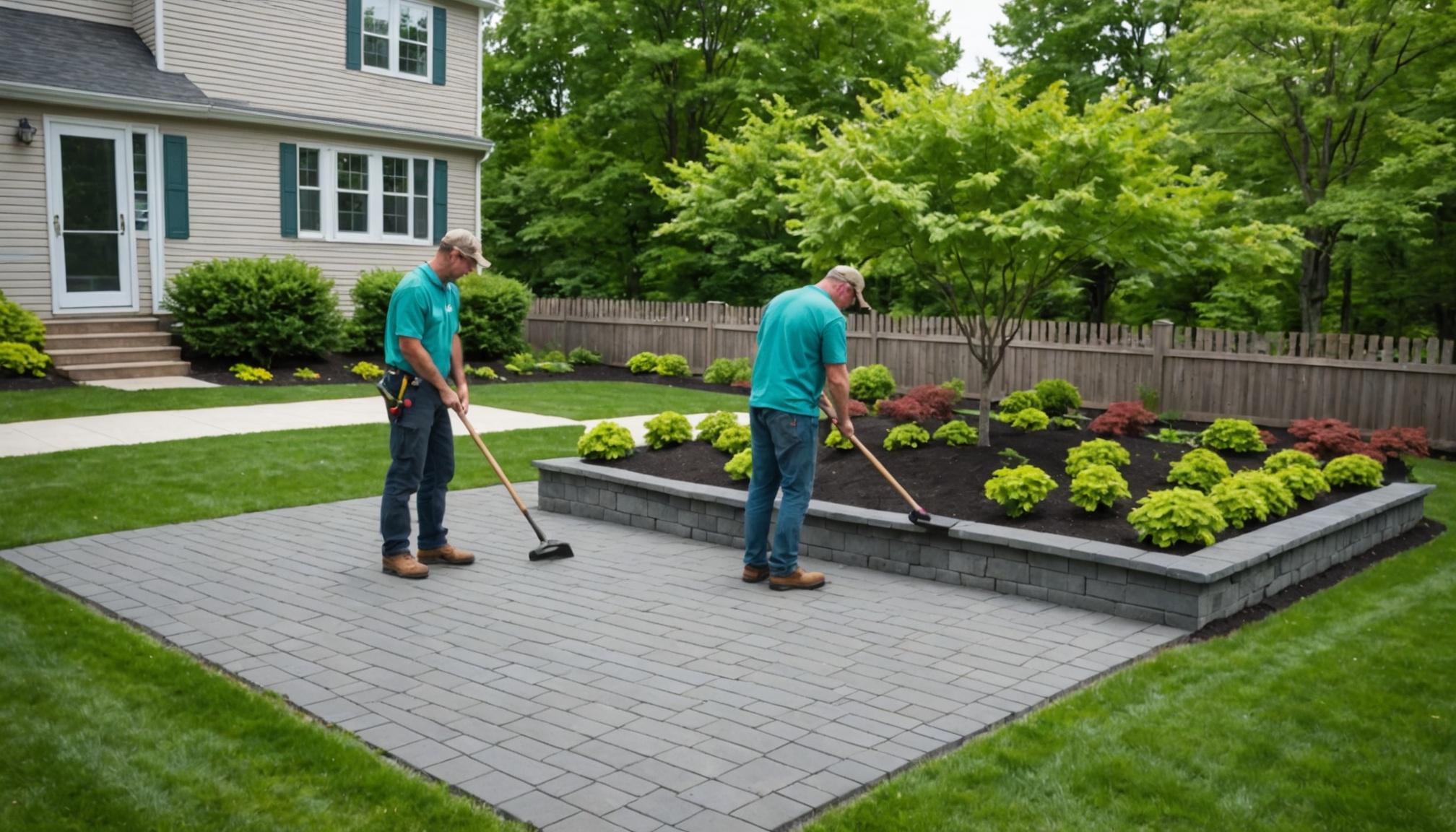 Two workers on a grey paver patio beside a raised garden bed