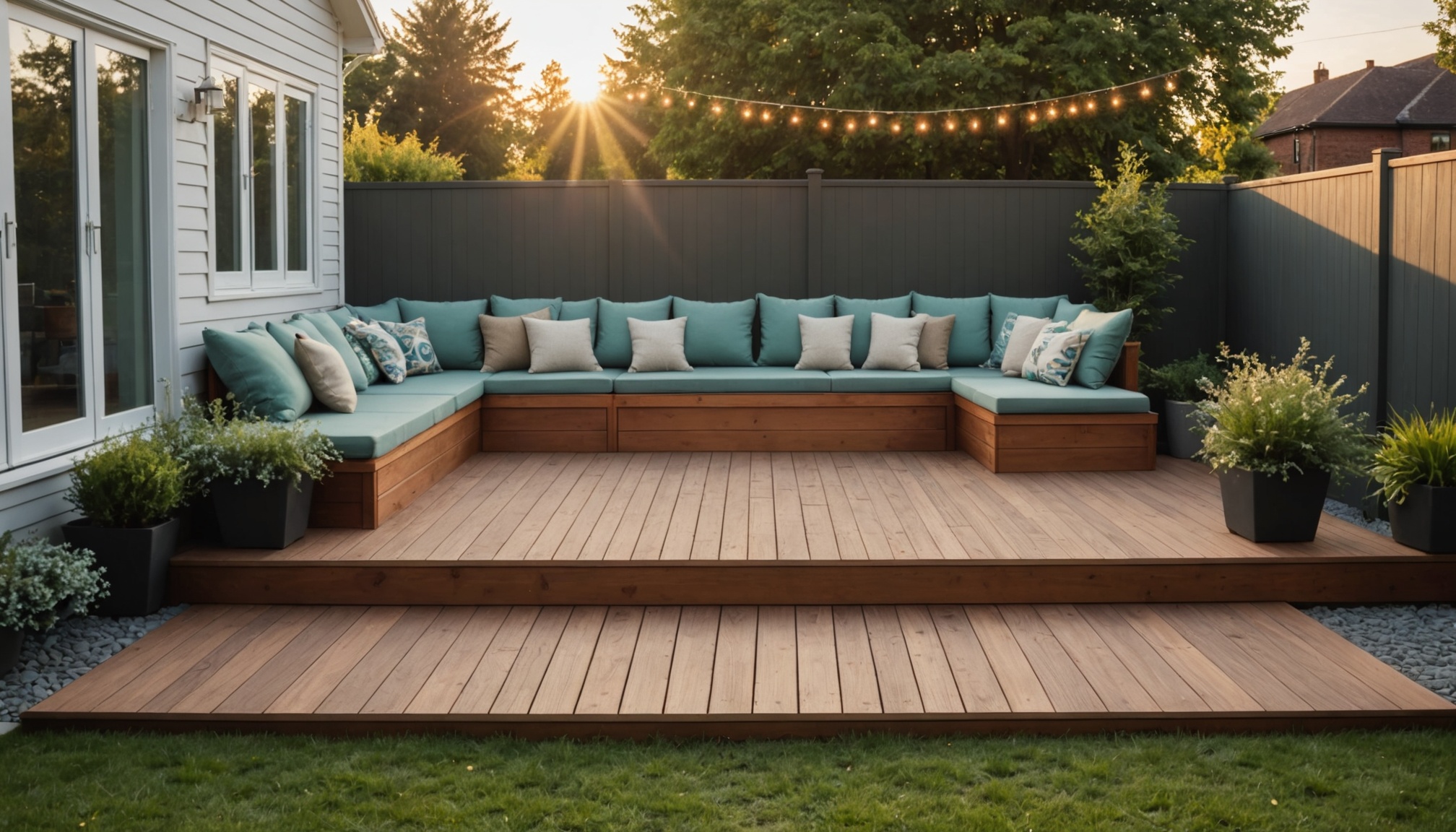A finished hardwood deck at golden hour with a built-in bench, string lights and a stone path