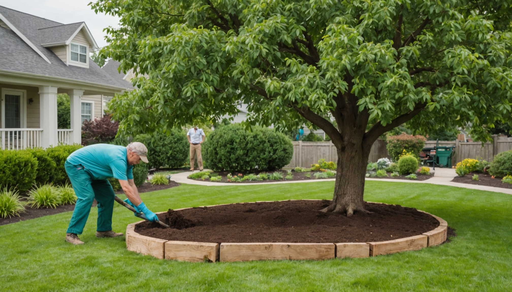 A mature tree and the soil around its roots in a garden, with a worker steadying the trunk and open sky on the left