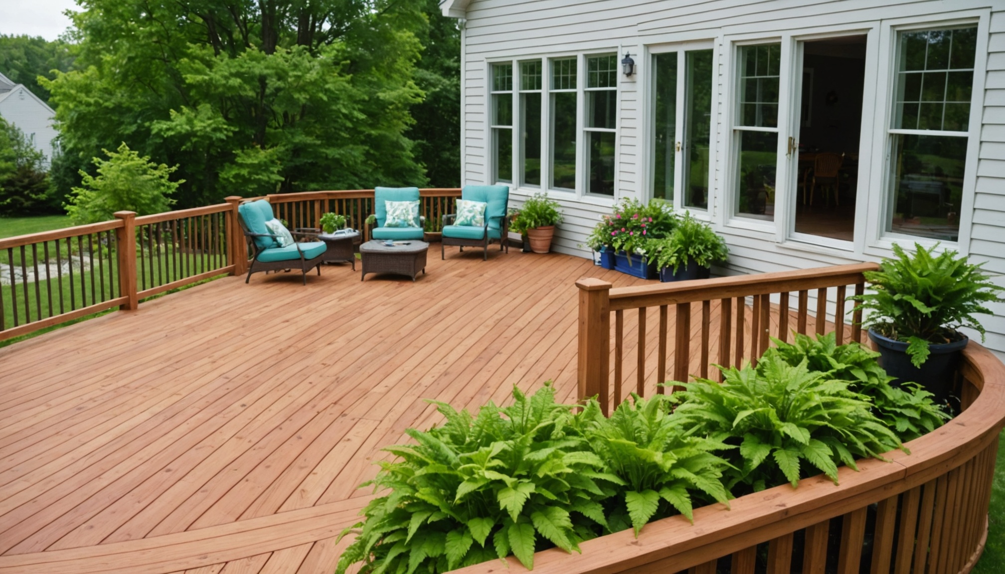 A finished cedar deck at midday beside a white suburban house, an open lawn in front and trees behind