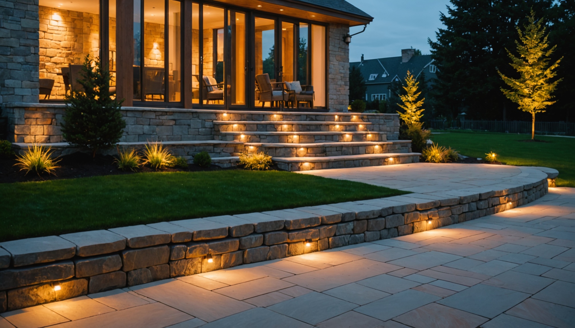 A dry-laid stone wall and bluestone patio at dusk, lantern light on the stones, an open lawn and pale evening sky on the left