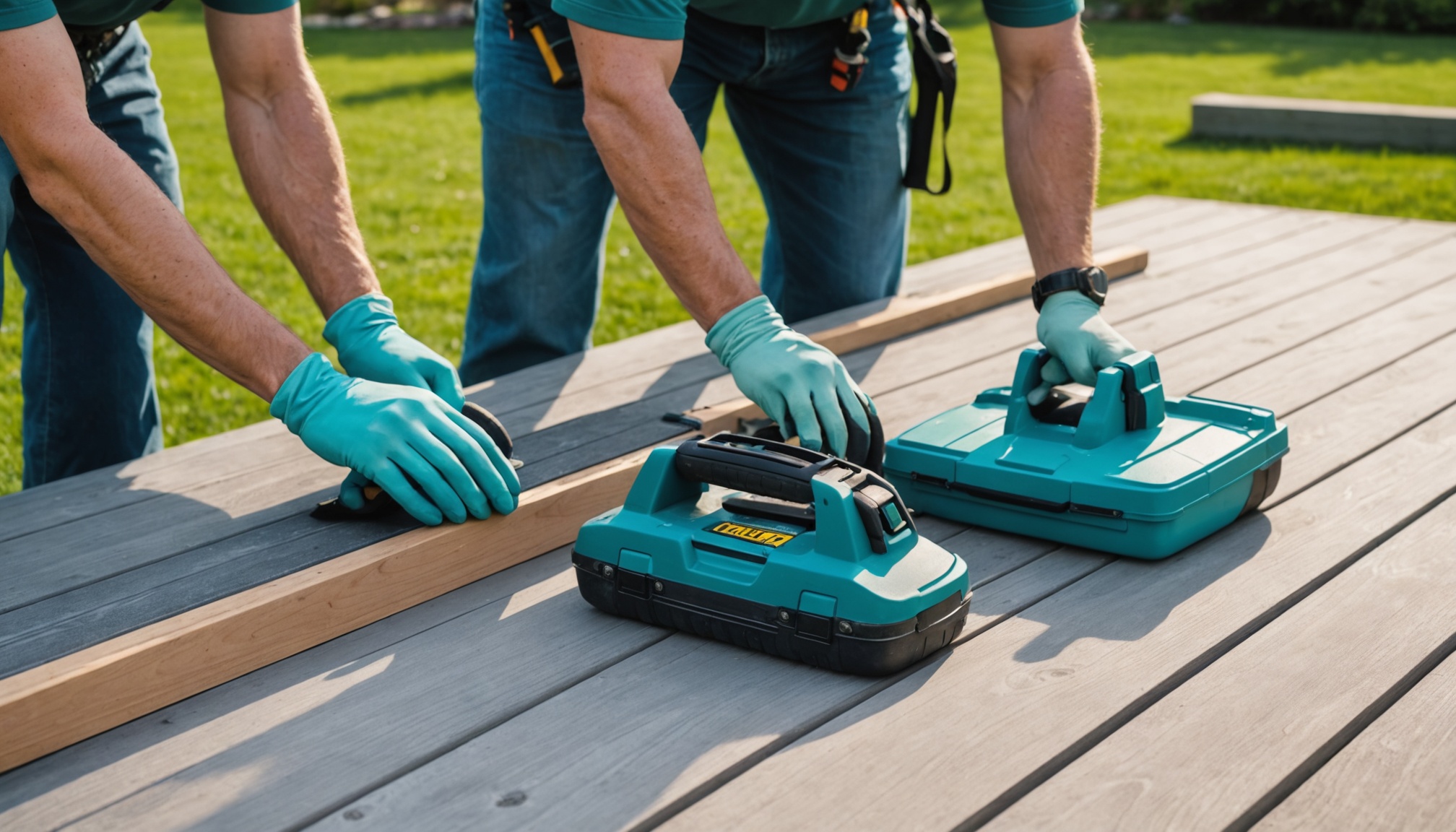 Two workers in teal gloves fitting grey composite deck boards with power tools, grass and sky behind