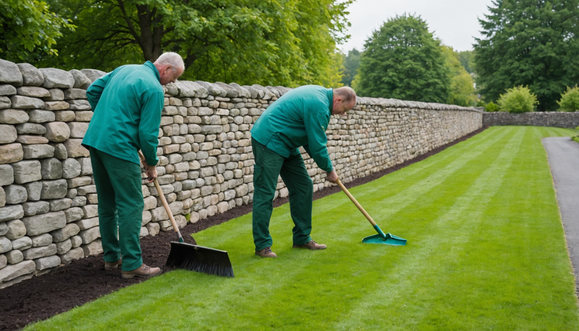 Two crew members raking a seeded lawn beside a stone wall