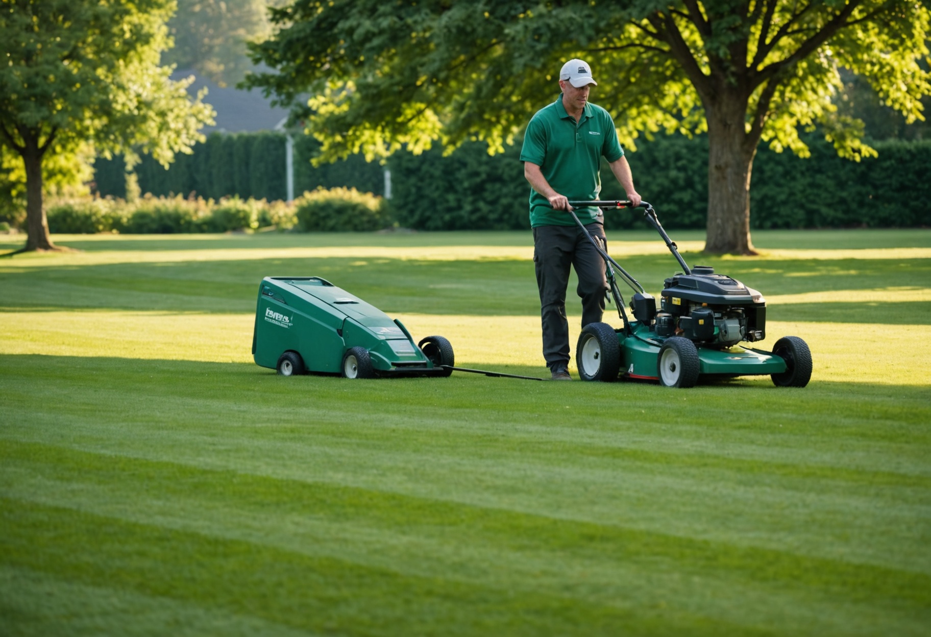A landscaper in a green polo pushing a walk-behind mower across a striped lawn in early morning light