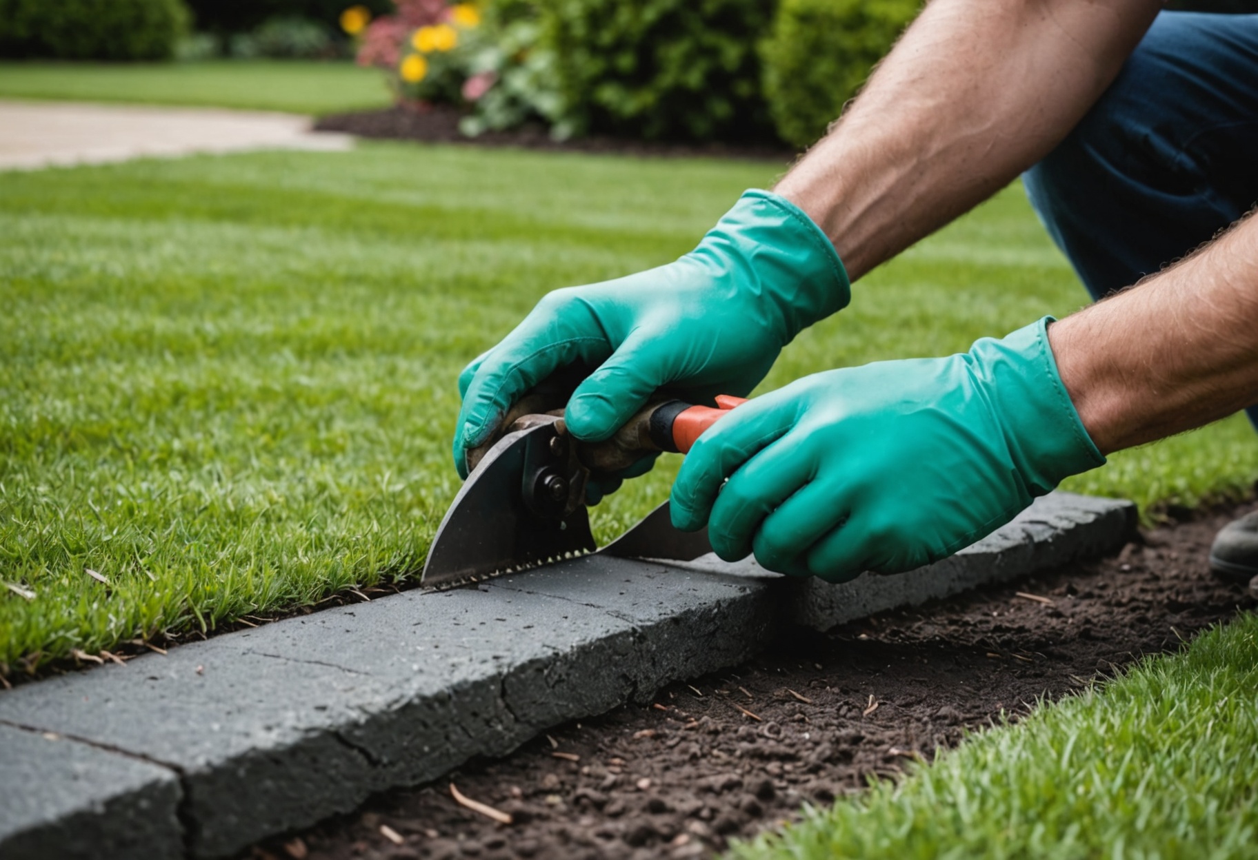 Gloved hands edging a lawn along a stone border