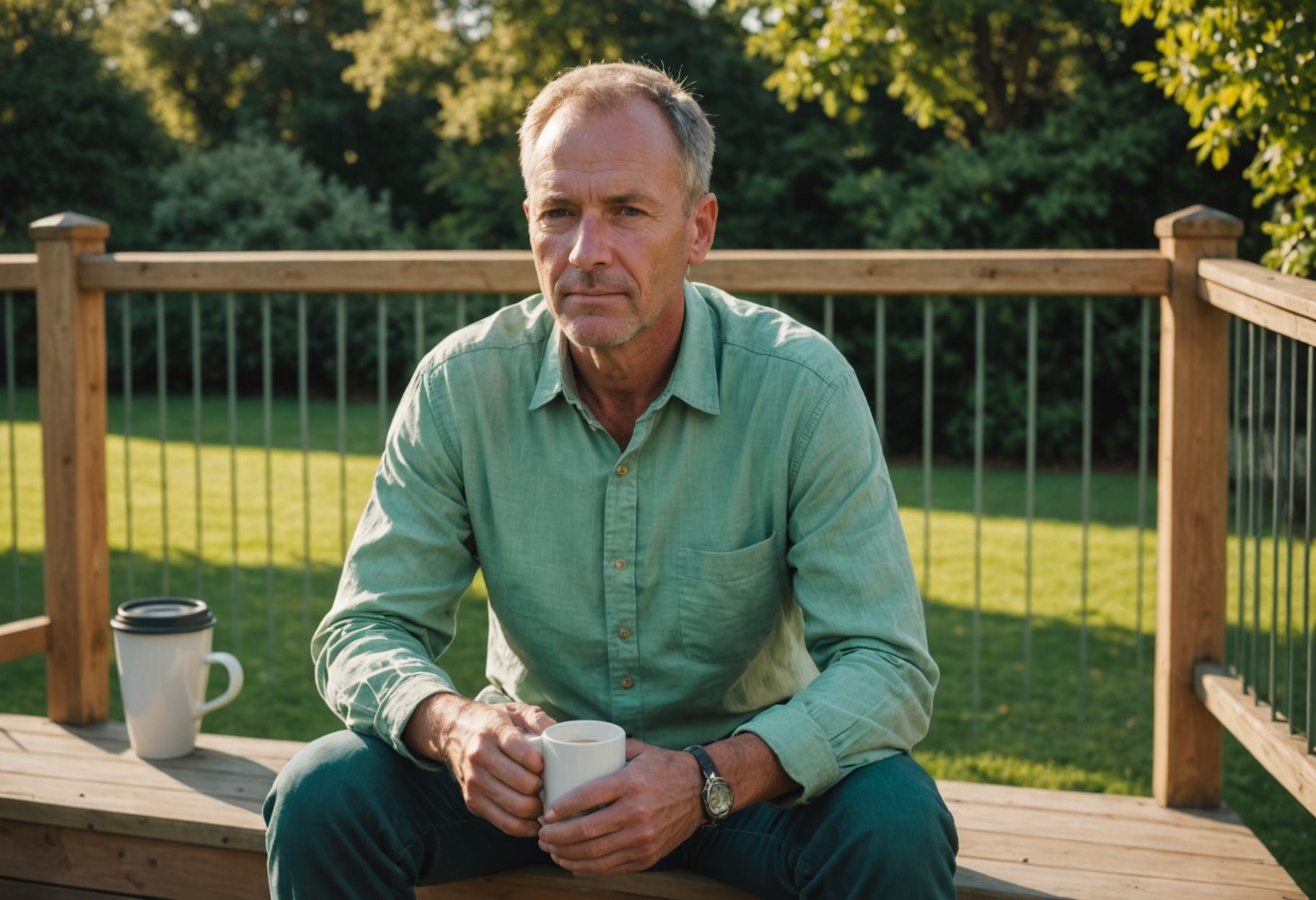 A man in a green linen shirt sitting on a wooden deck step with a coffee mug, a tidy lawn behind