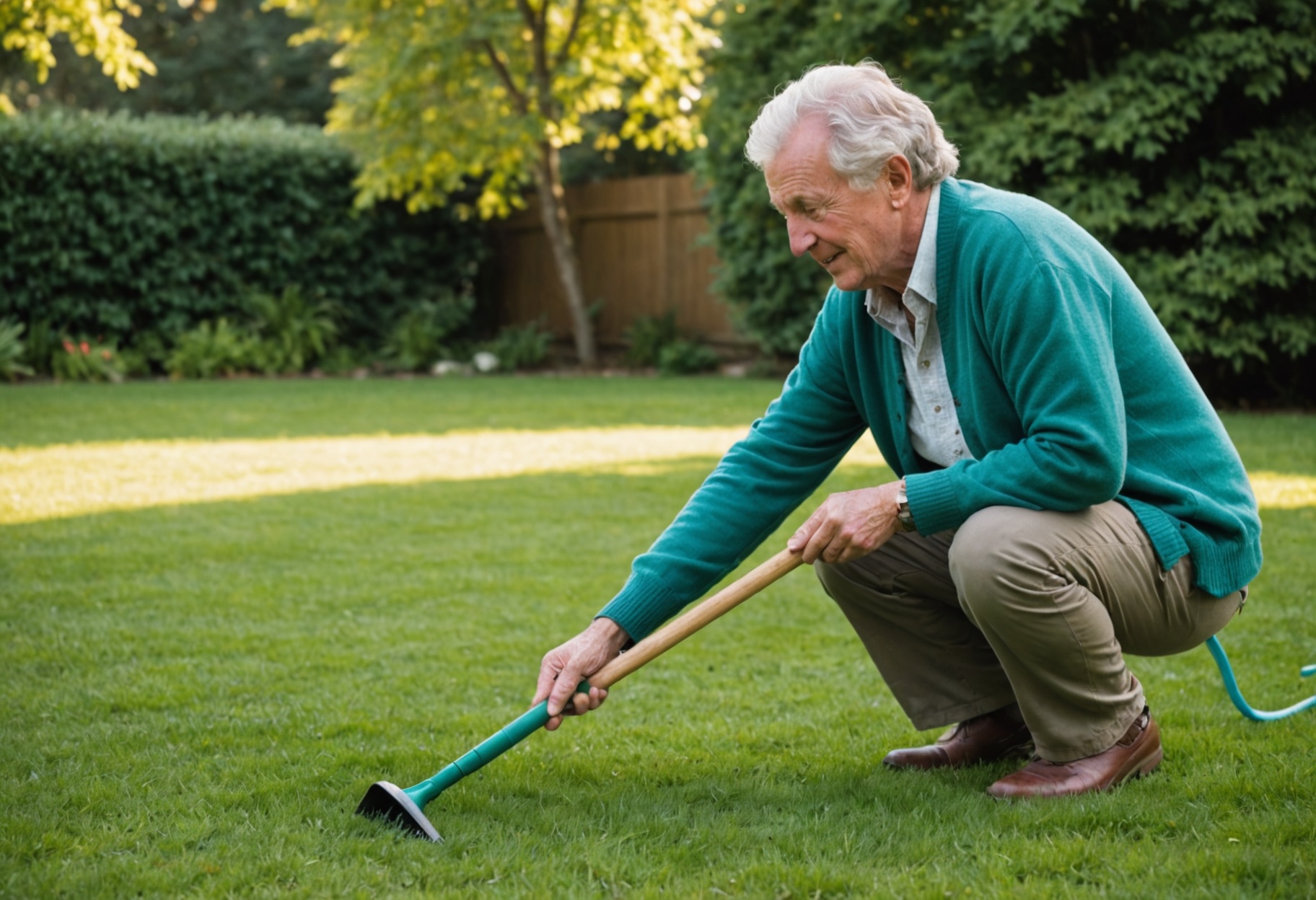 An older person kneeling on a sunny lawn, parting the grass to look at the turf, with a rake resting nearby